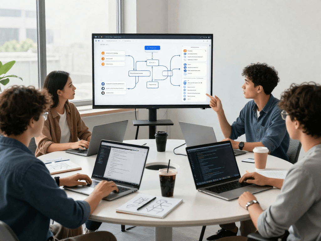 Collaborative team creating hot chat AI interface in a modern tech office.
