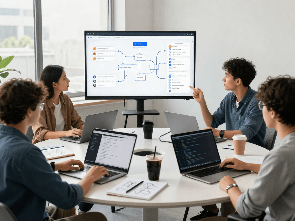 Collaborative team creating hot chat AI interface in a modern tech office.
