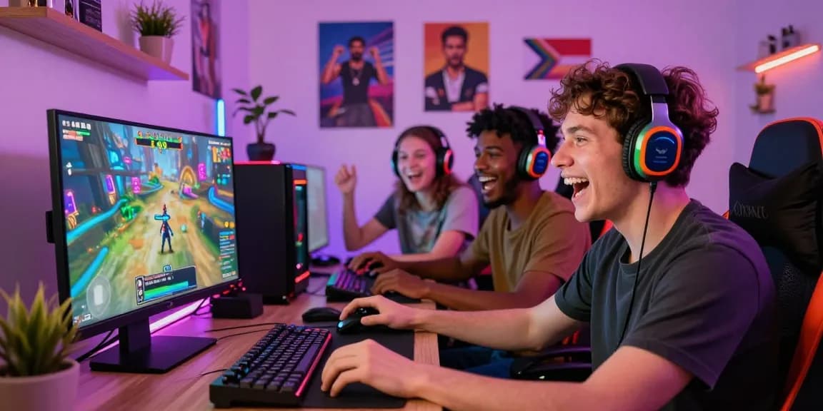Exciting gameplay with friends enjoying a gay porn game in a vibrant gaming room.