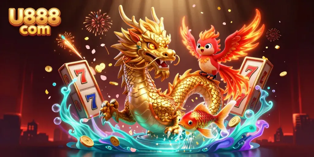 Engage with thrilling games at U888 com, featuring dragons and vibrant casino elements.