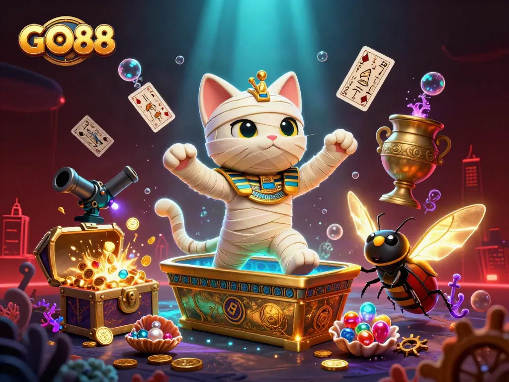 Engage with GO88 gaming excitement featuring a mummy cat striking from a golden sarcophagus amidst rich casino themes.