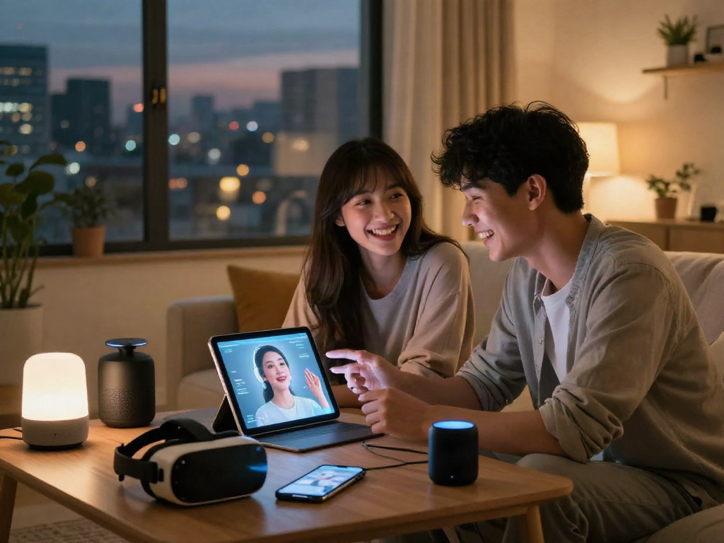 A young adult interacting with an AI girlfriend hologram in a cozy living room, showcasing modern technology and companionship.