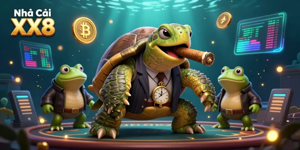 Experience the thrill at Nhà cái XX8 with a lively casino scene featuring unique characters and digital elements.