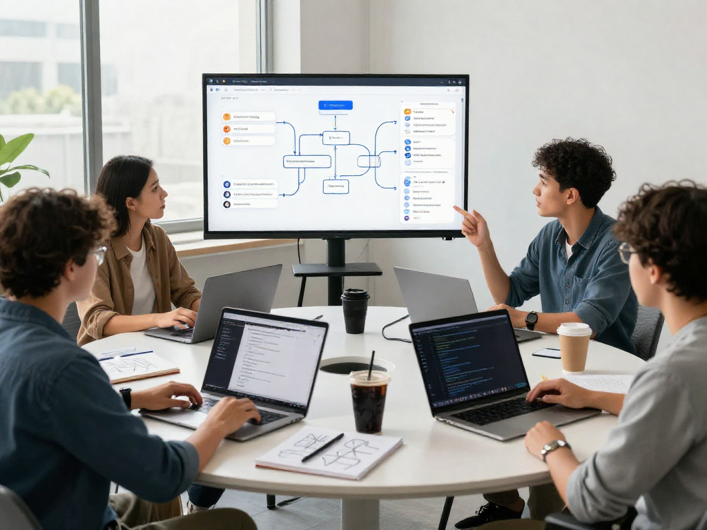 Collaborative team creating hot chat AI interface in a modern tech office.