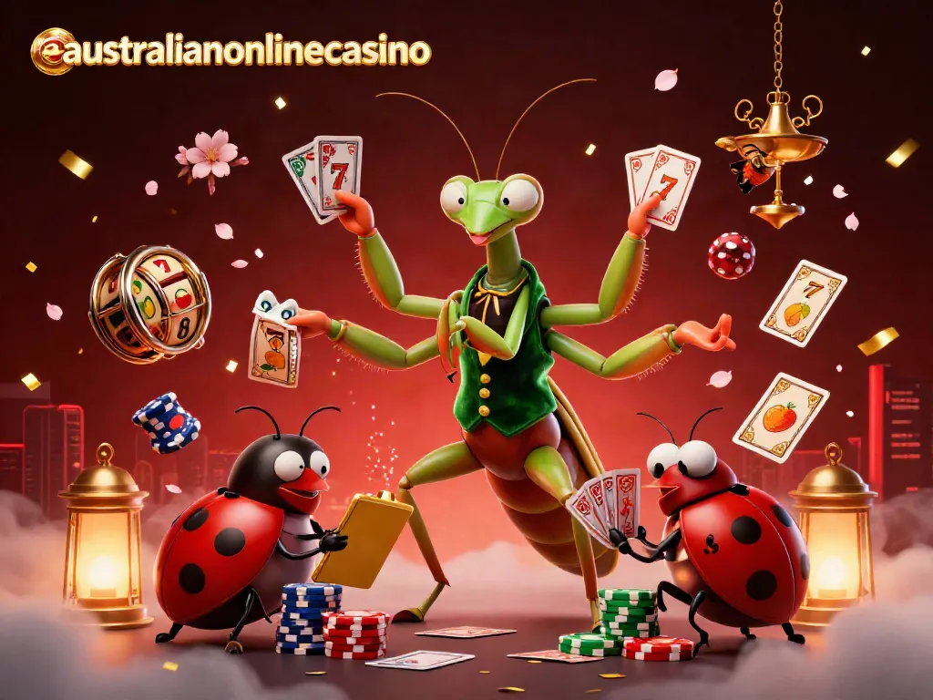 Play at australianonlinecasino's vibrant scene featuring a mantis card sharp, ladybug pit boss, and dynamic slot elements.