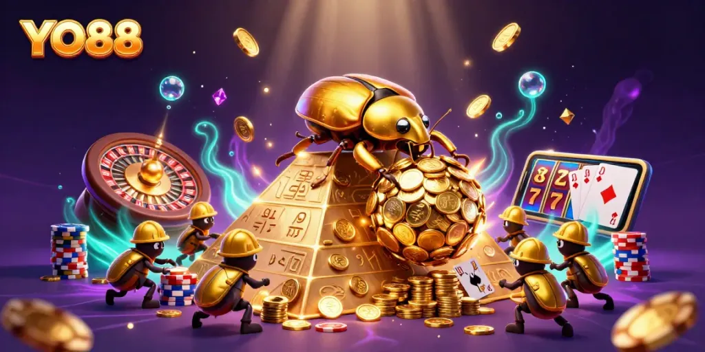 Join the adventure with YO88's vibrant gaming scene featuring golden coins and thrilling casino elements.