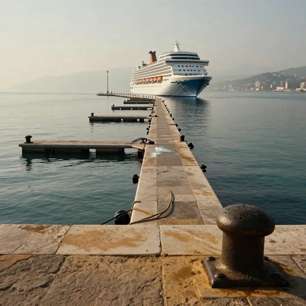 Terrazza sul mare con nave da crociera ormeggiata, moli e porti italiani sfumati nella foschia