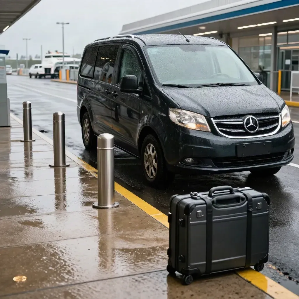 Minivan navetta nero al porto con valigia rigida e banchina bagnata.