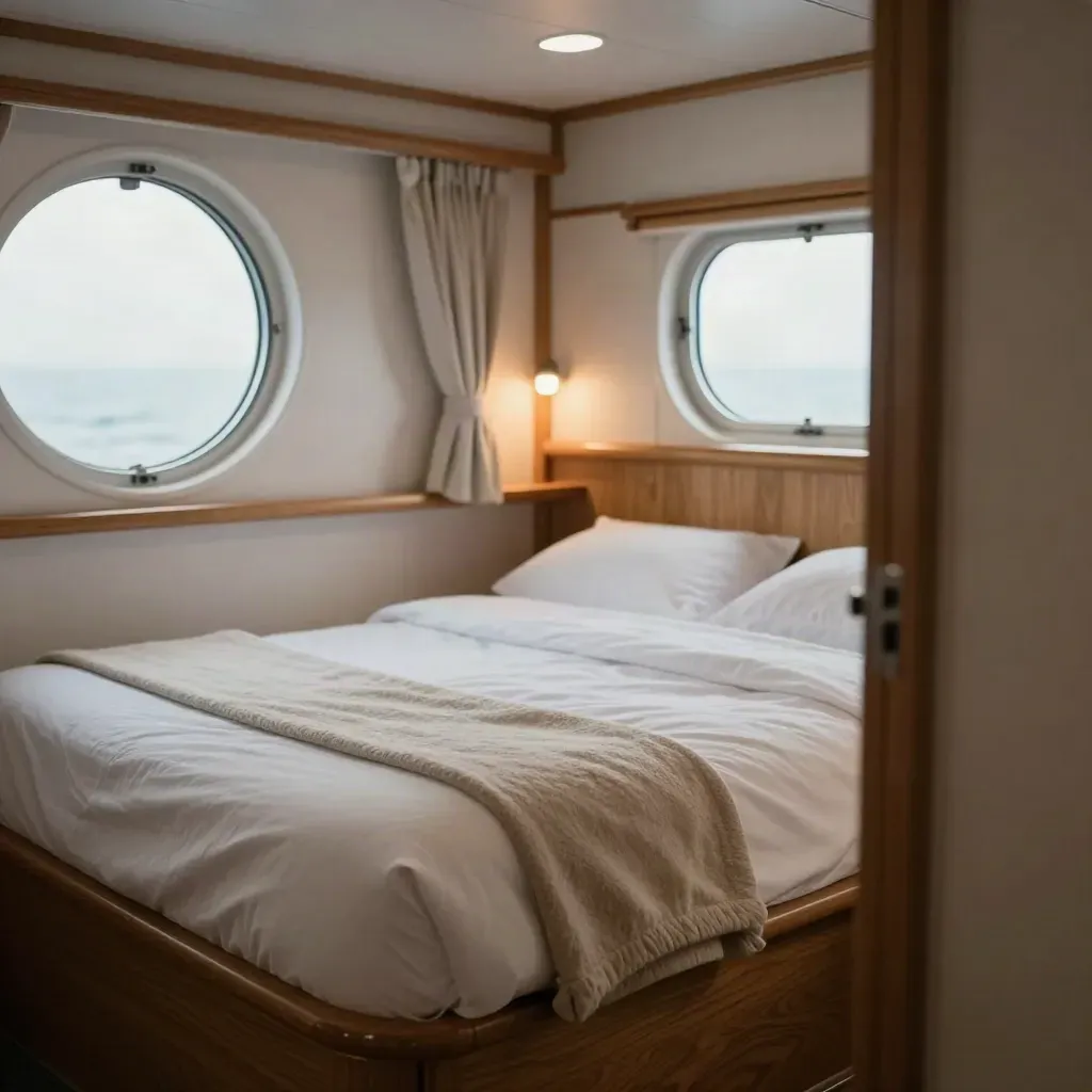 Cabina moderna di nave con due letti gemelli, oblò tondo e finiture in legno chiaro.
