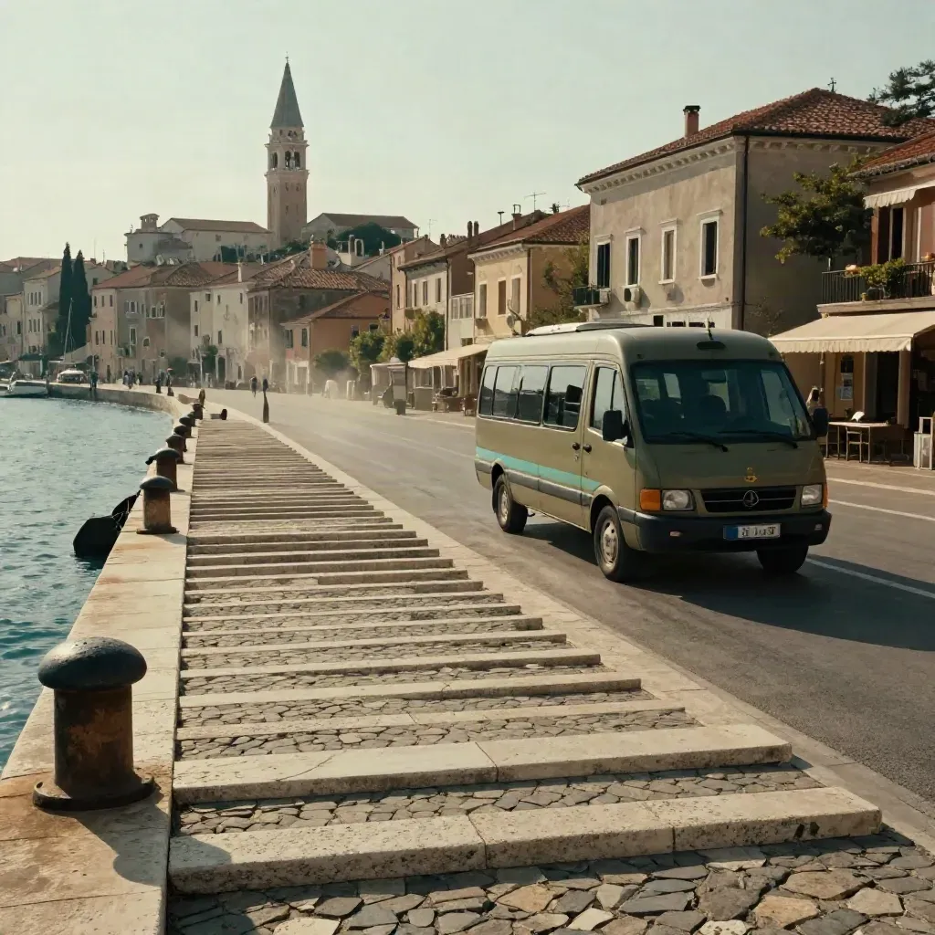 Mini pullman al porto, scale in pietra e campanile sullo sfondo, luce drammatica