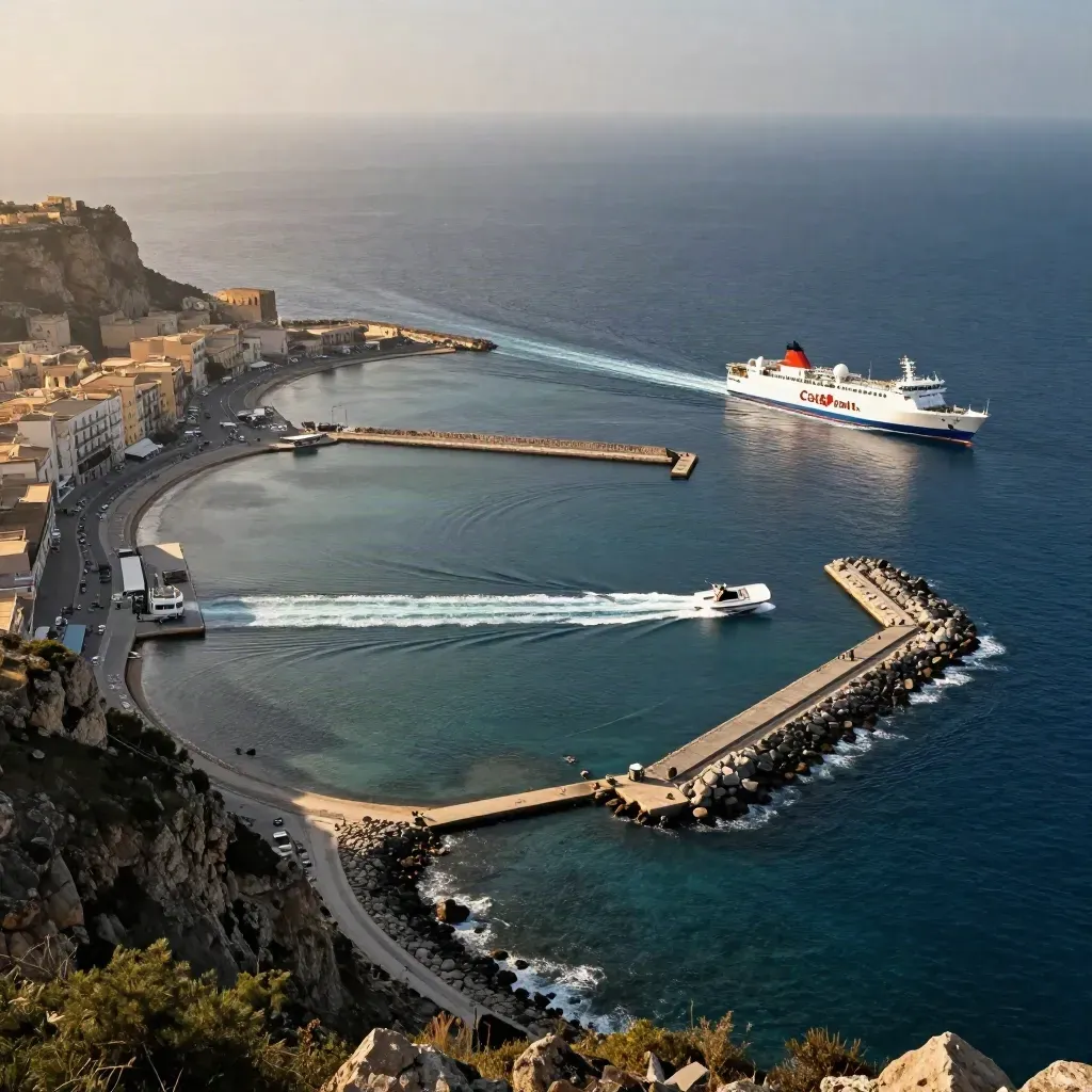 Panoramica della costa siciliana con tre approdi e una scia bianca nel mare.