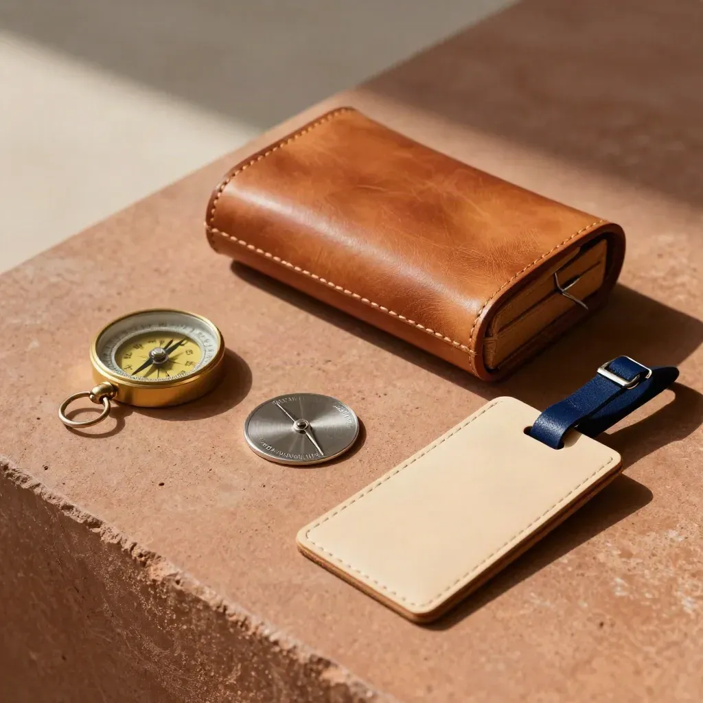 Kit viaggio ordinato con bussola, gettone traghetto e custodia in pelle su pietra terracotta.