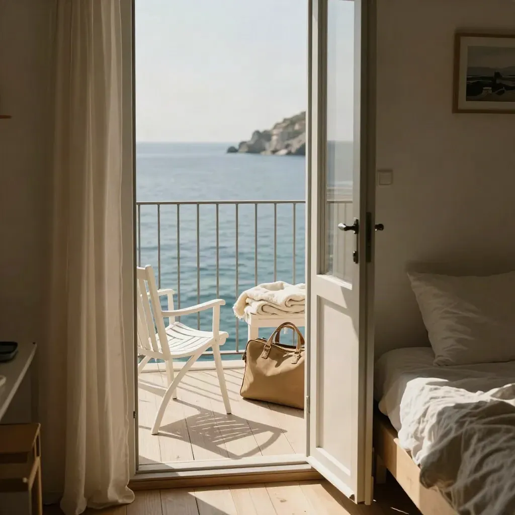 Cabina vista mare pronta con due sedie, coperta piegata e borsa da weekend.