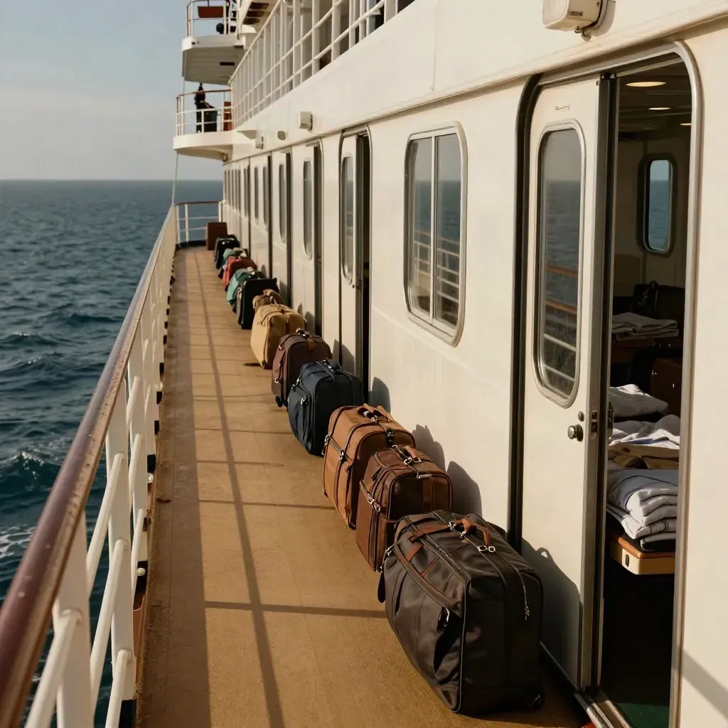 Corridoio di traghetto con cabine adiacenti e valigie ordinate, luce radente e mare sullo sfondo