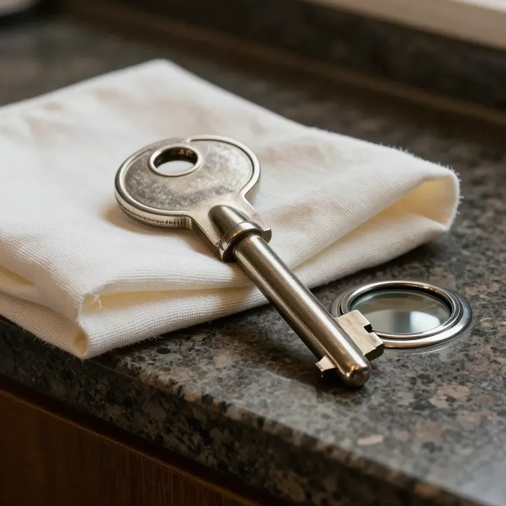 Chiave cabina satinata, lino piegato e oblò cromato su pietra spazzolata.
