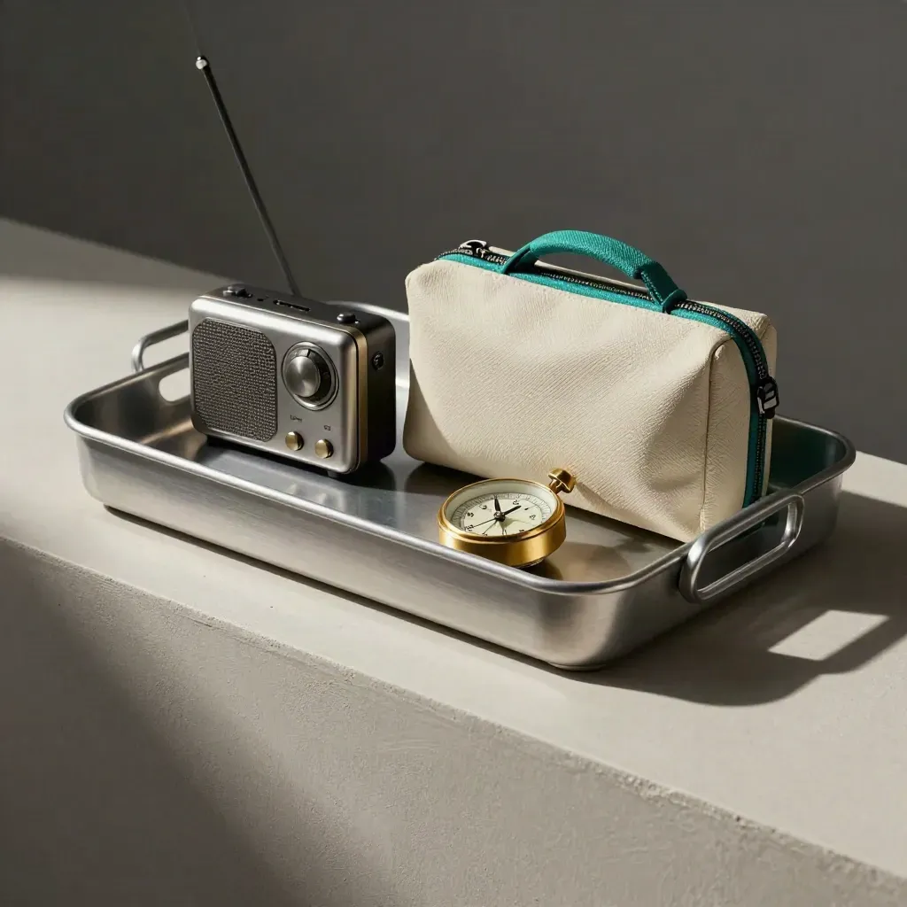 Vassoio nautico con radio, bussola, kit sanitario e laccio teal su nicchia chiara.