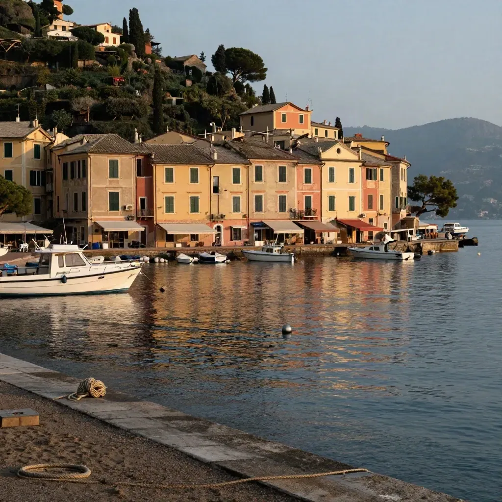 Vista di Portofino con borgo pastello in alto e porto calmo sotto, luce calda del tardo giorno.