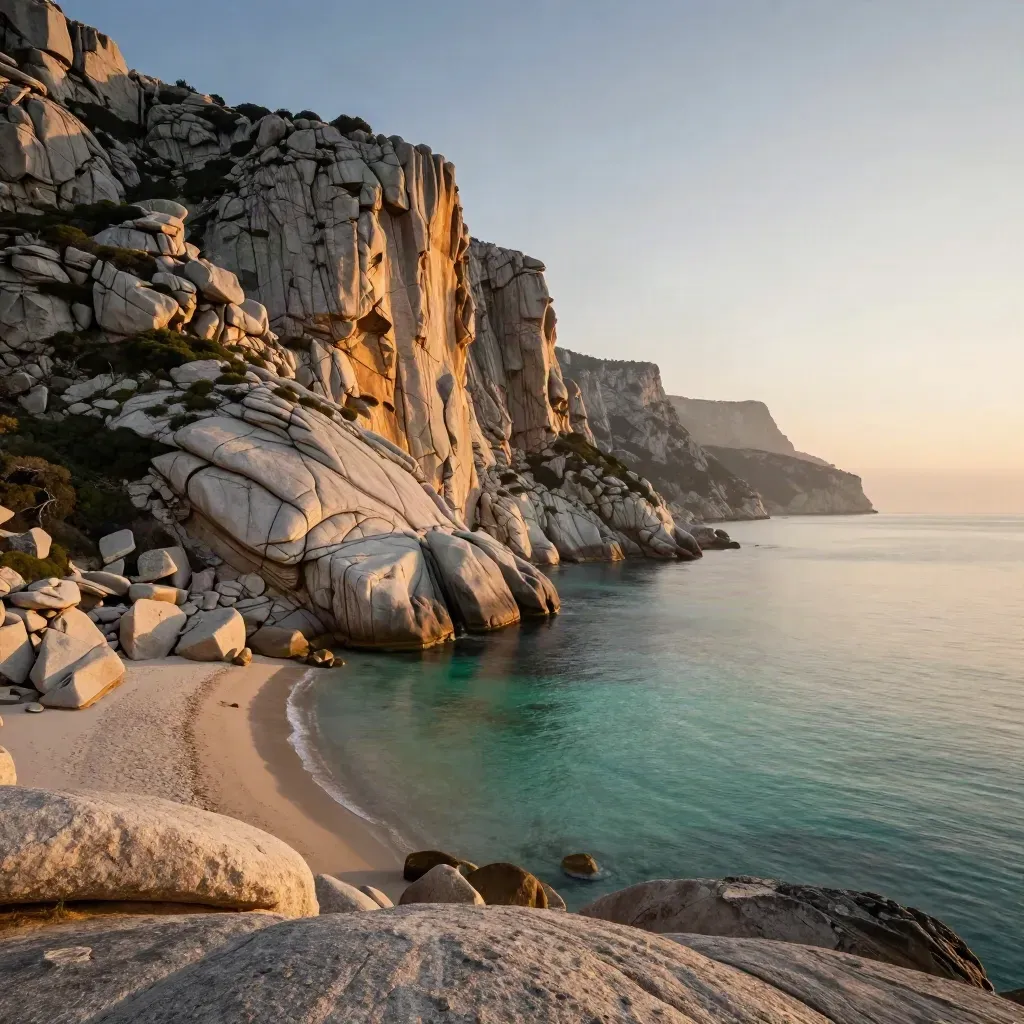Costa sarda con scogliere di granito, insenatura turchese e foschia marina al tramonto