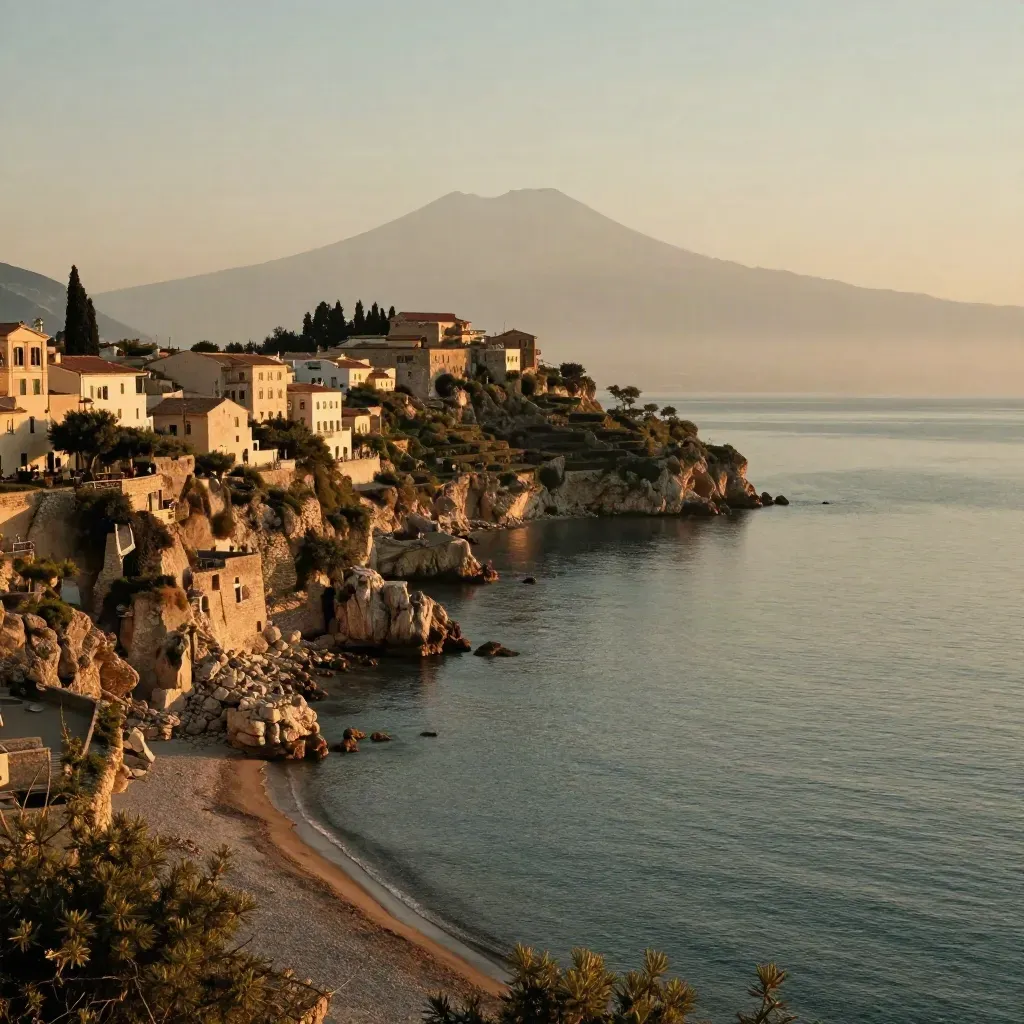 Taormina al tramonto con l’Etna sfumato e il mare calmo sotto la luce dorata.