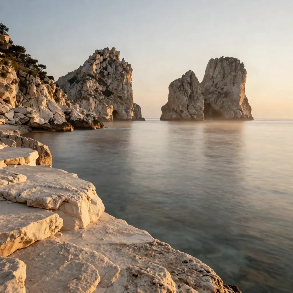 Faraglioni di Capri su baia calma con costa campana sfumata al tramonto