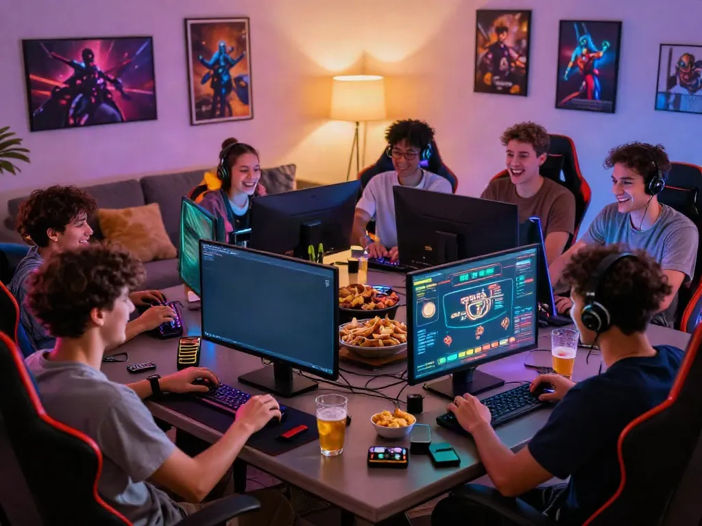Group of friends enjoying mastercard casinos together in a lively home setting.