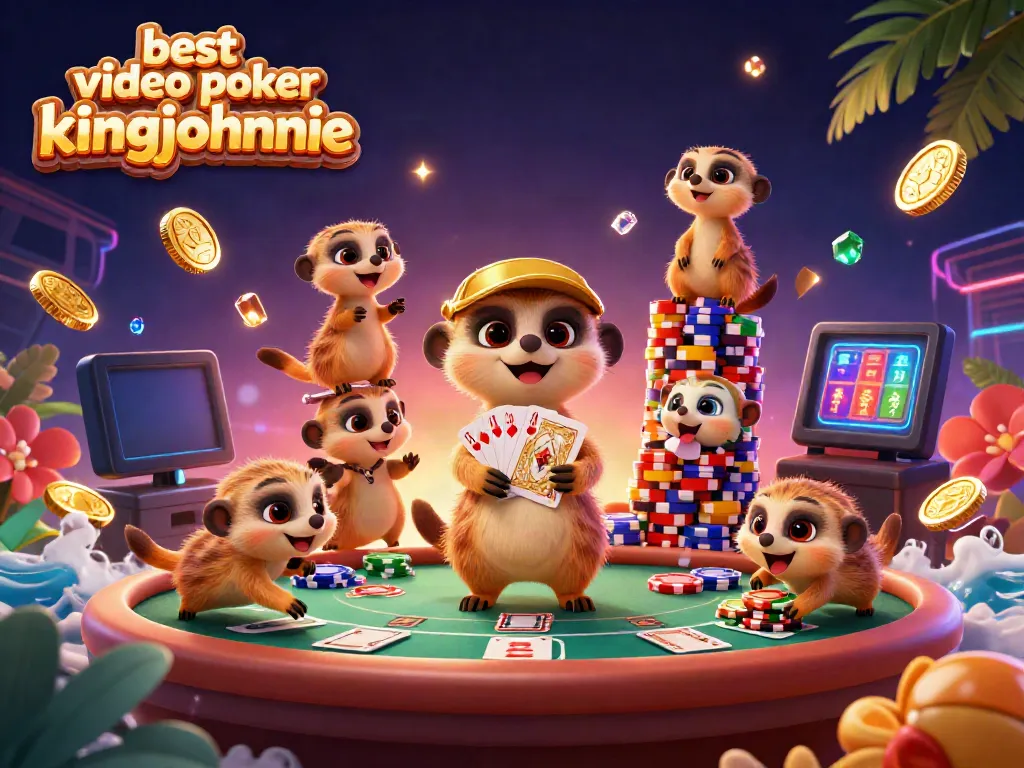 Engaging scene of meerkats operating a casino for best video poker kingjohnnie with vibrant animations.