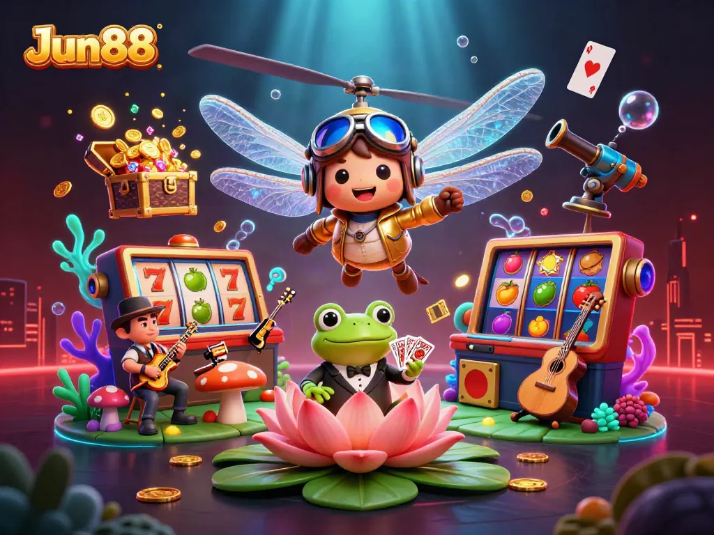 Experience Jun88 with a vibrant casino scene featuring a dragonfly pilot and frog dealer amid lively gambling action.
