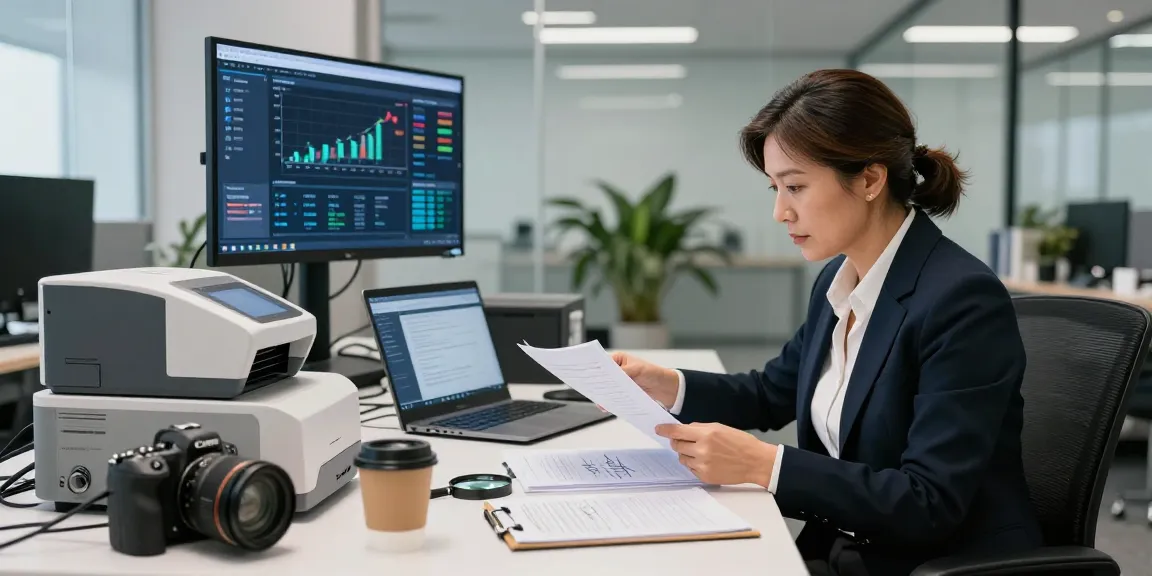 Document fraud detection with professional analyzing papers and tools in office setting.