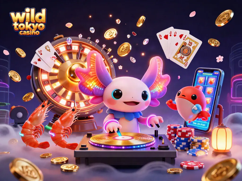 Experience wild tokyo casino's vibrant scene with a DJ axolotl, coins, and dazzling gems.