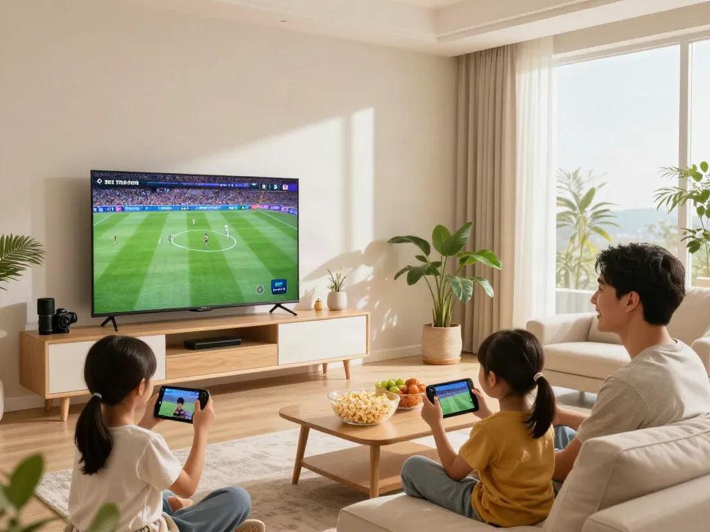 Family enjoying test IPTV in a cozy living room with devices and snacks.